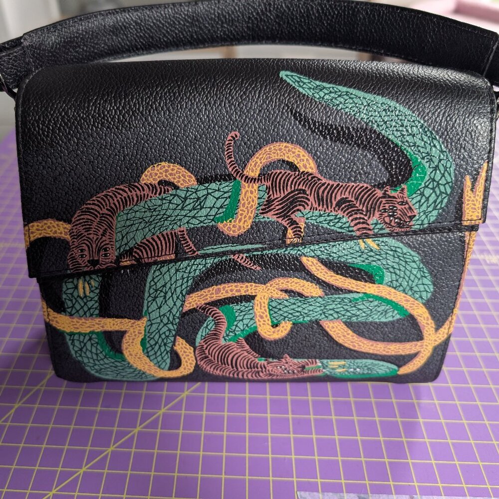 Anastasio Mini Crossbody Handbag Black Leather - Tiger and Snake Print